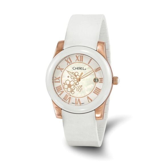 Kazi Luxury Chisel Rose IP-plated Floral Dial White Strap Watch